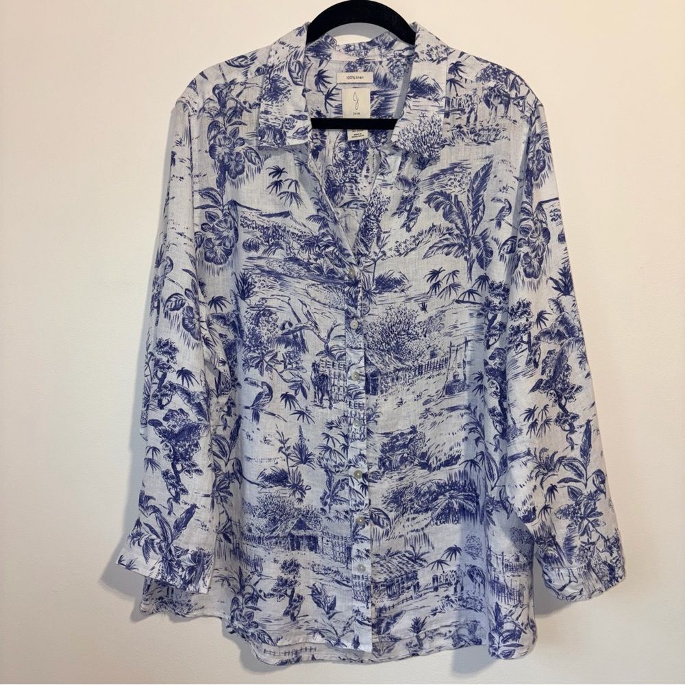 Joie Linen Button Up Shirt Women 2X Blue Toile Long Sleeve Relaxed Coastal